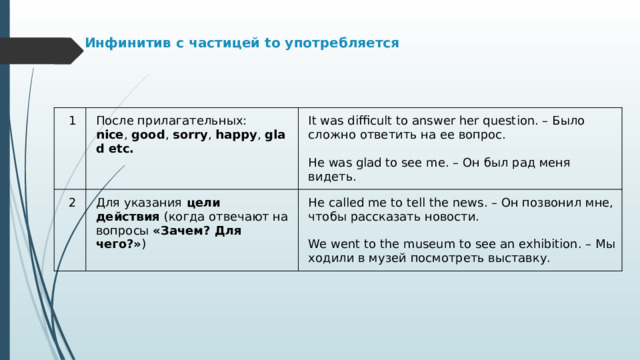 Инфинитив с частицей to употребляется   1 После прилагательных:  nice ,  good ,  sorry ,  happy ,  glad etc. 2 It was difficult to answer her question. – Было сложно ответить на ее вопрос. Для указания  цели действия  (когда отвечают на вопросы  «Зачем? Для чего?» )  He was glad to see me. – Он был рад меня видеть. He called me to tell the news. – Он позвонил мне, чтобы рассказать новости.  We went to the museum to see an exhibition. – Мы ходили в музей посмотреть выставку. 