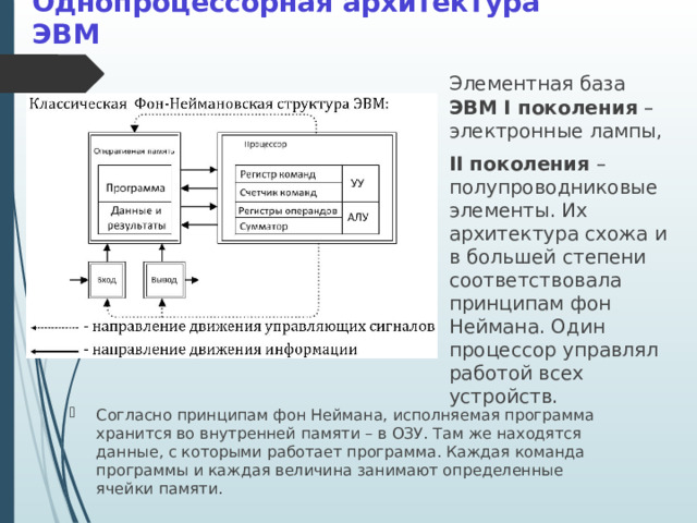 Однопроцессорная архитектура ЭВМ Элементная база ЭВМ I поколения – электронные лампы, II поколения – полупроводниковые элементы. Их архитектура схожа и в большей степени соответствовала принципам фон Неймана. Один процессор управлял работой всех устройств. Согласно принципам фон Неймана, исполняемая программа хранится во внутренней памяти – в ОЗУ. Там же находятся данные, с которыми работает программа. Каждая команда программы и каждая величина занимают определенные ячейки памяти. 2 