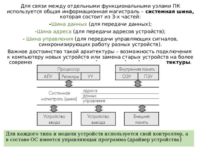 Для связи между отдельными функциональными узлами ПК используется общая информационная магистраль – системная шина, которая состоит из 3-х частей: - Шина данных (для передачи данных); - Шина адреса (для передачи адресов устройств); - Шина управления (для передачи управляющих сигналов, синхронизирующих работу разных устройств). Важное достоинство такой архитектуры – возможность подключения к компьютеру новых устройств или замена старых устройств на более современные. Это называется принципом открытой архитектуры . Для каждого типа и модели устройств используется свой контроллер, а в составе ОС имеется управляющая программа (драйвер устройства ) 