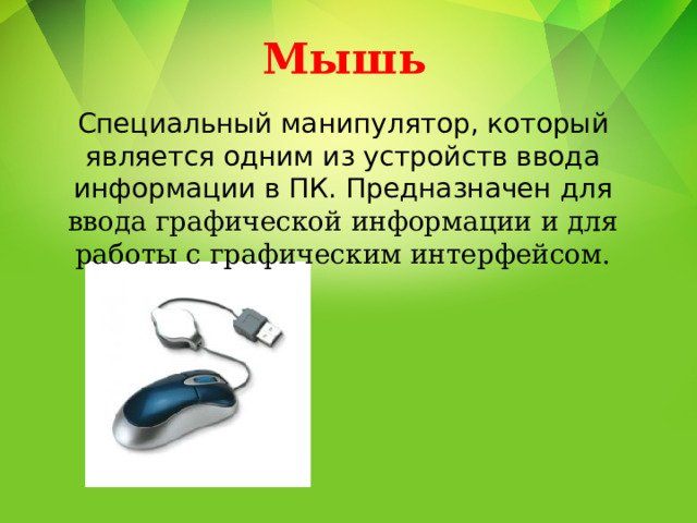 Мышь Специальный манипулятор, который является одним из устройств ввода информации в ПК. Предназначен для ввода графической информации и для работы с графическим интерфейсом. 