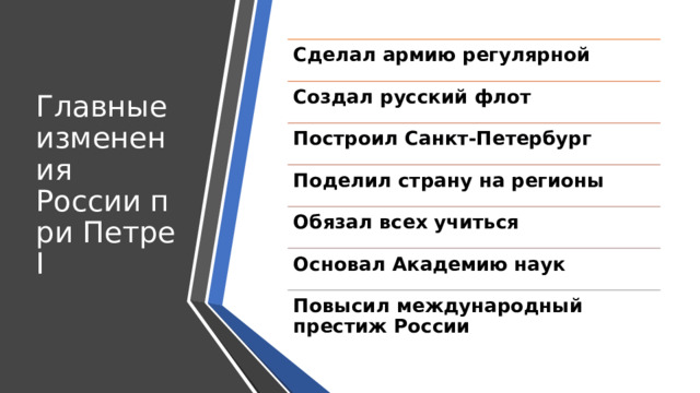 Главные изменения России при Петре I Сделал армию   регулярной Создал русский флот Построил Санкт-Петербург Поделил страну на регионы Обязал всех учиться Основал Академию наук Повысил международный престиж России 