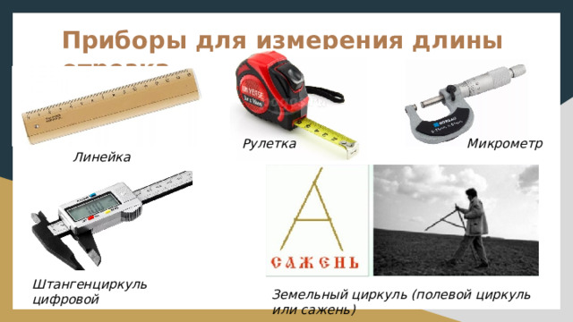 Приборы для измерения длины отрезка Рулетка Микрометр Линейка Штангенциркуль цифровой Земельный циркуль (полевой циркуль или сажень) 