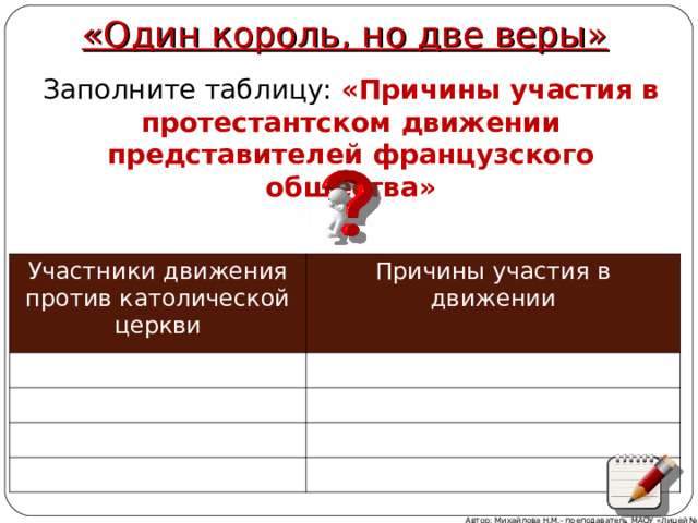 «Один король, но две веры» Заполните таблицу: «Причины участия в протестантском движении представителей французского общества» Участники движения против католической церкви Причины участия в движении Автор: Михайлова Н.М.- преподаватель МАОУ «Лицей № 21» 