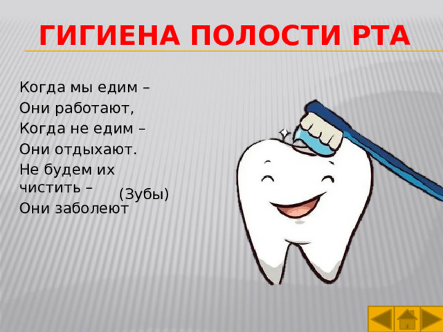 Гигиена полости рта Когда мы едим – Они работают, Когда не едим – Они отдыхают. Не будем их чистить – Они заболеют (Зубы) 