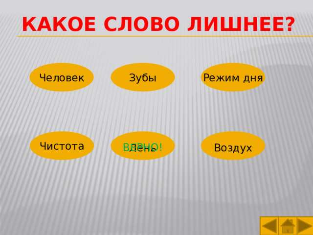 Какое слово лишнее? Режим дня Человек Зубы Чистота ВЕРНО! Воздух Лень 