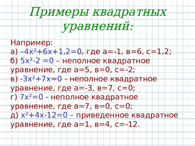 Примеры квадратных уравнений: Например: а) –4х ² +6х+1,2=0 , где а=-1, в=6, с=1,2; б) 5х ² -2 =0 – неполное квадратное уравнение, где а=5, в=0, с=-2; в) -3х ² +7х=0 - неполное квадратное уравнение, где а=-3, в=7, с=0; г) 7х ² =0 - неполное квадратное уравнение, где а=7, в=0, с=0; д) х ² +4х-12=0 – приведенное квадратное уравнение, где а=1, в=4, с=-12. 