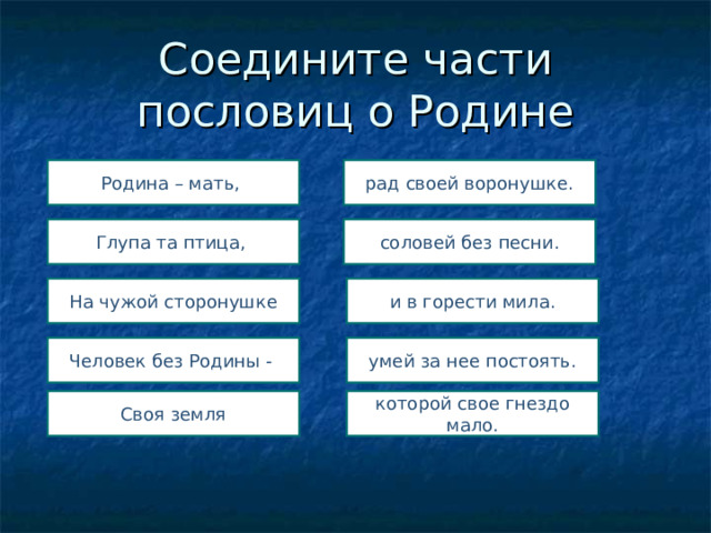 Соедините части пословиц о Родине Родина – мать, рад своей воронушке. Глупа та птица, соловей без песни. На чужой сторонушке и в горести мила. Человек без Родины - умей за нее постоять. Своя земля которой свое гнездо мало. 