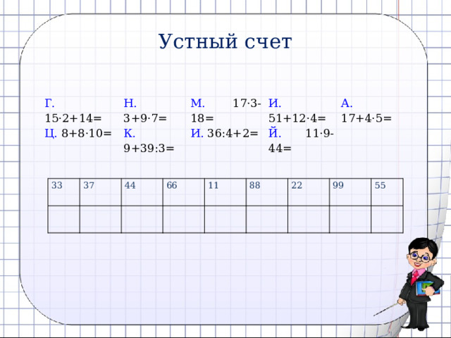 Устный счет Г. 15·2+14= Н. 3+9·7= Ц. 8+8·10= К. 9+39:3= М. 17·3-18= И. 51+12·4= И. 36:4+2= А. 17+4·5= Й. 11·9-44=   33   37 44     66 11     88 22   99   55     