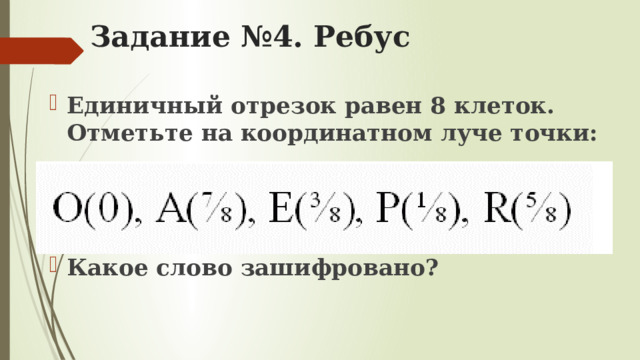 Задание №4. Ребус Единичный отрезок равен 8 клеток. Отметьте на координатном луче точки:    Какое слово зашифровано? 