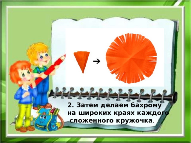 2. Затем делаем бахрому на широких краях каждого  сложенного кружочка . 