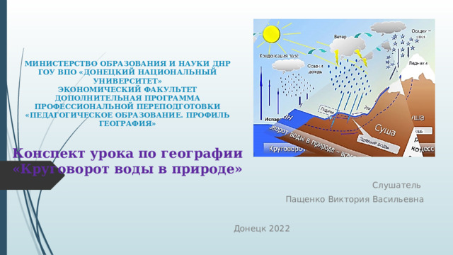    МИНИСТЕРСТВО ОБРАЗОВАНИЯ И НАУКИ ДНР  ГОУ ВПО «ДОНЕЦКИЙ НАЦИОНАЛЬНЫЙ УНИВЕРСИТЕТ»  ЭКОНОМИЧЕСКИЙ ФАКУЛЬТЕТ  ДОПОЛНИТЕЛЬНАЯ ПРОГРАММА ПРОФЕССИОНАЛЬНОЙ ПЕРЕПОДГОТОВКИ  «ПЕДАГОГИЧЕСКОЕ ОБРАЗОВАНИЕ. ПРОФИЛЬ ГЕОГРАФИЯ»    Конспект урока по географии «Круговорот воды в природе» Слушатель Пащенко Виктория Васильевна Донецк 2022 