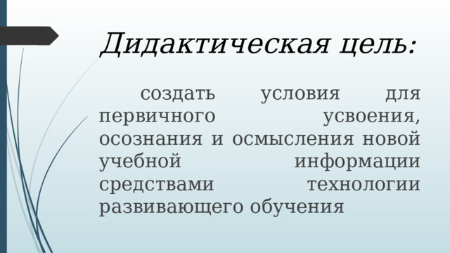 Дидактическая цель:  создать условия для первичного усвоения, осознания и осмысления новой учебной информации средствами технологии развивающего обучения  