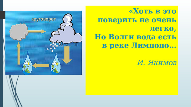 «Хоть в это поверить не очень легко,  Но Волги вода есть в реке Лимпопо…       И. Якимов 