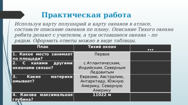 Практическая работа Используя карту полушарий и карту океанов в атласе, составьте описание океанов по плану. Описание Тихого океана ребята делают с учителем, а три оставшиеся океана – по рядам. Оформить ответы можно в виде таблицы.  План 1. Какое место занимает по площади? Тихий океан 2. С какими другими океанами связан? Первое …   3. Какие материки омывает? с Атлантическим, Индийским, Северным Ледовитым 4. Какова максимальная глубина?   Евразию, Австралию, Антарктиду, Южную Америку, Северную Америку   11022 м   