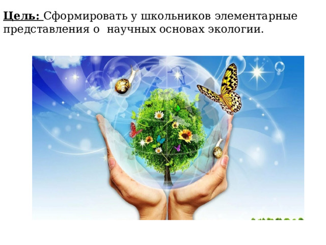 Цель: Сформировать у школьников элементарные представления о  научных основах экологии. 