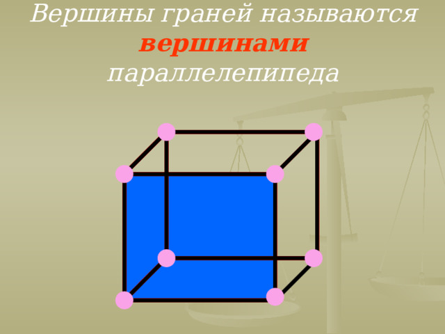 Вершины граней называются  вершинами  параллелепипеда  
