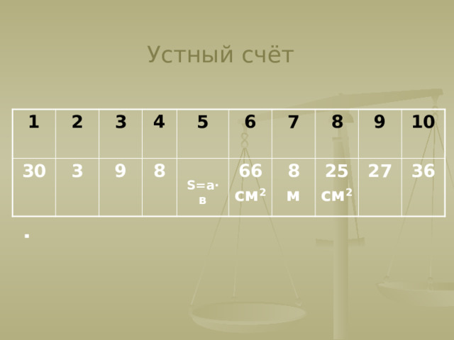 Устный счёт 1 30 2 3 3  4 9 8 5  6  S=а · в 66 7 см 2 8 8 м 25 9 см 2 10 27 36  