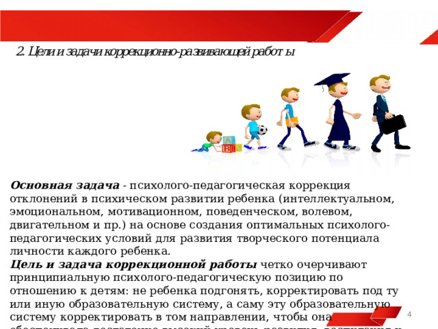  Основная задача - психолого-педагогическая коррекция отклонений в психическом развитии ребенка (интеллектуальном, эмоциональном, мотивационном, поведенческом, волевом, двигательном и пр.) на основе создания оптимальных психолого-педагогических условий для развития творческого потенциала личности каждого ребенка. Цель и задача коррекционной работы четко очерчивают принципиальную психолого-педагогическую позицию по отношению к детям: не ребенка подгонять, корректировать под ту или иную образовательную систему, а саму эту образовательную систему корректировать в том направлении, чтобы она обеспечивала достаточно высокий уровень развития, воспитания и обучения всех детей.   
