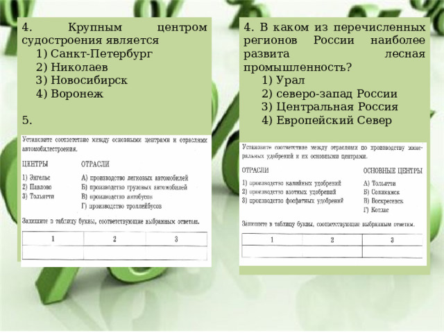 4. Крупным центром судостроения является 4. В каком из перечисленных регионов России наиболее развита лесная промышленность?  1) Урал  1) Санкт-Петербург  2) северо-запад России  2) Николаев  3) Новосибирск  3) Центральная Россия  4) Европейский Север  4) Воронеж 5. 5. 
