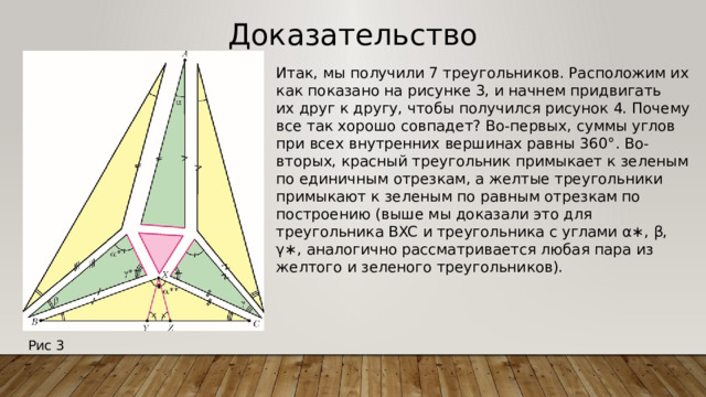 Доказательство Итак, мы получили 7 треугольников. Расположим их как показано на рисунке 3, и начнем придвигать их друг к другу, чтобы получился рисунок 4. Почему все так хорошо совпадет? Во-первых, суммы углов при всех внутренних вершинах равны 360°. Во-вторых, красный треугольник примыкает к зеленым по единичным отрезкам, а желтые треугольники примыкают к зеленым по равным отрезкам по построению (выше мы доказали это для треугольника BXC и треугольника с углами α∗, β, γ∗, аналогично рассматривается любая пара из желтого и зеленого треугольников). Рис 3 