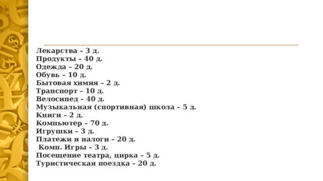 Лекарства – 3 д. Продукты – 40 д. Одежда – 20 д. Обувь – 10 д. Бытовая химия – 2 д. Транспорт – 10 д. Велосипед – 40 д. Музыкальная (спортивная) школа – 5 д.  Книги – 2 д. Компьютер – 70 д. Игрушки – 3 д. Платежи и налоги – 20 д.  Комп. Игры – 3 д. Посещение театра, цирка – 5 д. Туристическая поездка – 20 д. 7 