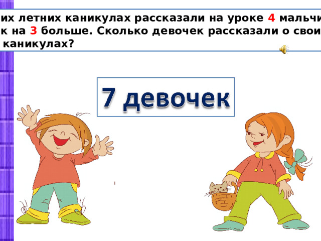  О своих летних каникулах рассказали на уроке 4 мальчика, а девочек на 3 больше. Сколько девочек рассказали о своих летних каникулах? 