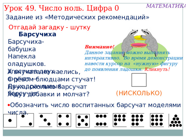 МАТЕМАТИКА Урок 49. Число ноль. Цифра 0 Задание из «Методических рекомендаций»  Барсучиха  Барсучиха-бабушка   Напекла оладушков.   Угостила двух внучат —   Двух драчливых барсучат,    Отгадай загадку - шутку Внимание! Данное задание можно выполнять интерактивно. Во время демонстрации навести курсор на «нужную» фигуру до появления ладошки. Кликнуть! А внучата не наелись,   С рёвом блюдцами стучат!  Ну-ка, сколько барсучат Ждут добавки и молчат?  (НИСКОЛЬКО)  Обозначить число воспитанных барсучат моделями числа.  