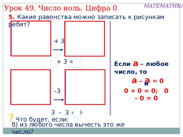 МАТЕМАТИКА Урок 49. Число ноль. Цифра 0 1. Какой рассказ можно придумать по рисунку Пети.   Обозначьте количество шариков моделью числа. Внимание! Данное задание можно выполнять интерактивно. Во время демонстрации навести курсор на «нужную» фигуру до появления ладошки. Кликнуть! 5 
