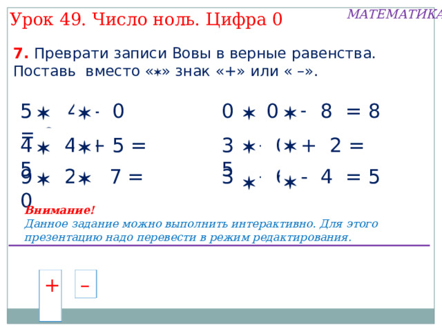 МАТЕМАТИКА Урок 49. Число ноль. Цифра 0 1. Какой рассказ можно придумать по рисунку Пети.   Обозначьте количество шариков моделью числа. Внимание! Данное задание можно выполнять интерактивно. Во время демонстрации навести курсор на «нужную» фигуру до появления ладошки. Кликнуть! 5 