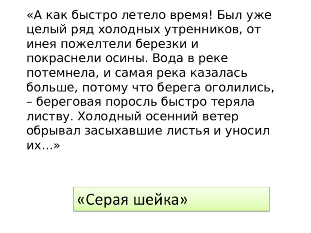 «А как быстро летело время! Был уже целый ряд холодных утренников, от инея пожелтели березки и покраснели осины. Вода в реке потемнела, и самая река казалась больше, потому что берега оголились, – береговая поросль быстро теряла листву. Холодный осенний ветер обрывал засыхавшие листья и уносил их…» 