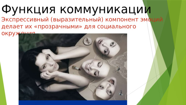 Функция коммуникации  Экспрессивный (выразительный) компонент эмоций делает их «прозрачными» для социального окружения 