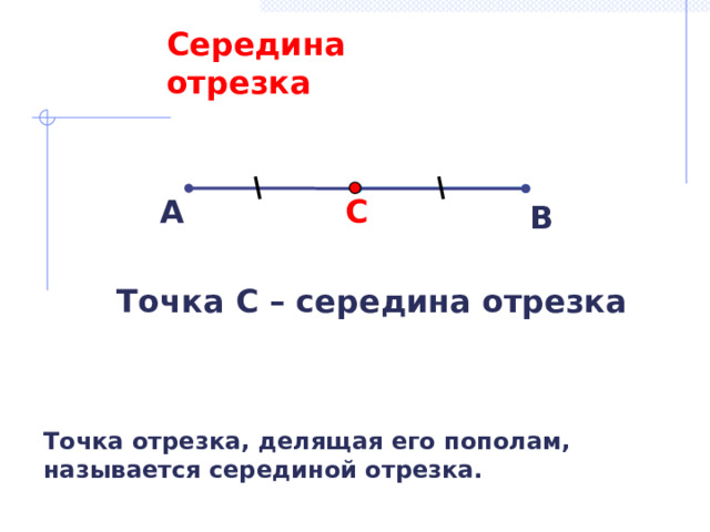 Середина отрезка А С В Точка С – середина отрезка Точка отрезка, делящая его пополам, называется серединой отрезка. 