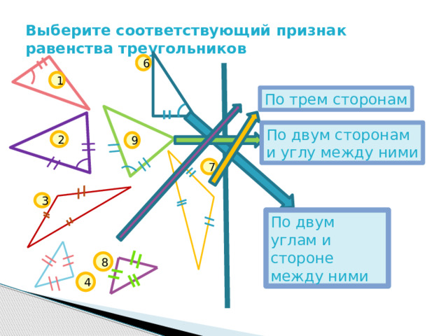 Выберите соответствующий признак равенства треугольников 6 1 По трем сторонам По двум сторонам и углу между ними 2 9 7 3 По двум углам и стороне между ними 8 4 