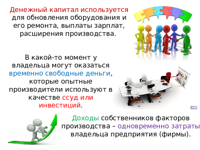 Денежный капитал используется для обновления оборудования и его ремонта, выплаты зарплат, расширения производства. В какой-то момент у владельца могут оказаться временно свободные деньги , которые опытные производители используют в качестве ссуд или инвестиций . Доходы собственников факторов производства – одновременно затраты владельца предприятия (фирмы). 