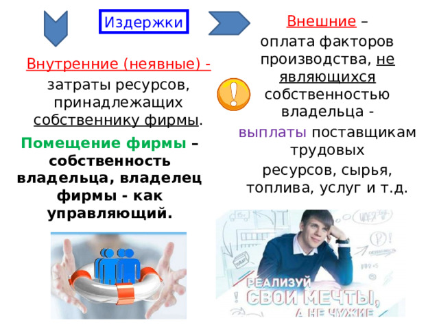 Внешние – оплата факторов производства, не являющихся собственностью владельца - выплаты поставщикам трудовых ресурсов, сырья, топлива, услуг и т.д. Издержки Внутренние (неявные) - затраты ресурсов, принадлежащих собственнику фирмы . Помещение фирмы – собственность владельца, владелец фирмы - как управляющий. 