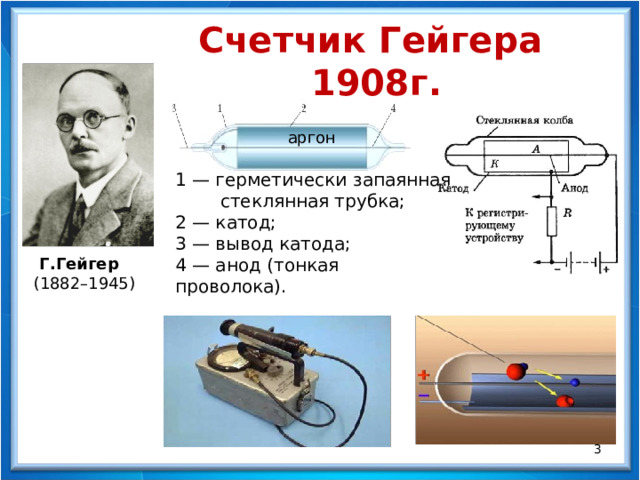 Счетчик Гейгера 1908г. аргон 1 — герметически запаянная  стеклянная трубка; 2 — катод; 3 — вывод катода; 4 — анод (тонкая проволока). Г.Гейгер   (1882–1945)  