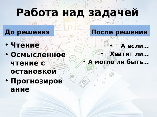 Работа над задачей До решения После решения Чтение Осмысленное чтение с остановкой Прогнозирование А если… Хватит ли… А могло ли быть…  
