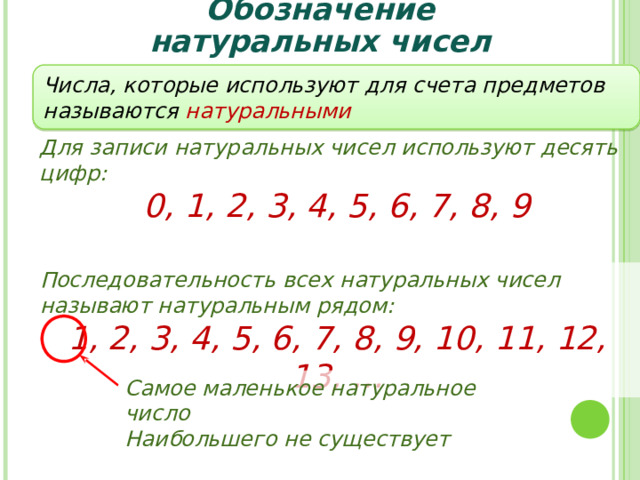 Обозначение натуральных чисел Числа, которые используют для счета предметов называются натуральными Для записи  натуральных чисел используют десять цифр: 0, 1, 2, 3, 4, 5, 6, 7, 8, 9 Последовательность всех натуральных чисел называют натуральным рядом: 1, 2, 3, 4, 5, 6, 7, 8, 9, 10, 11, 12, 13, … Самое маленькое натуральное число Наибольшего не существует 