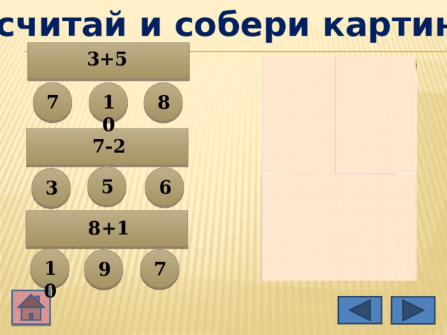 Сосчитай и собери картинку 3+5 7 10 8 7-2 5 6 3 8+1 10 7 9 
