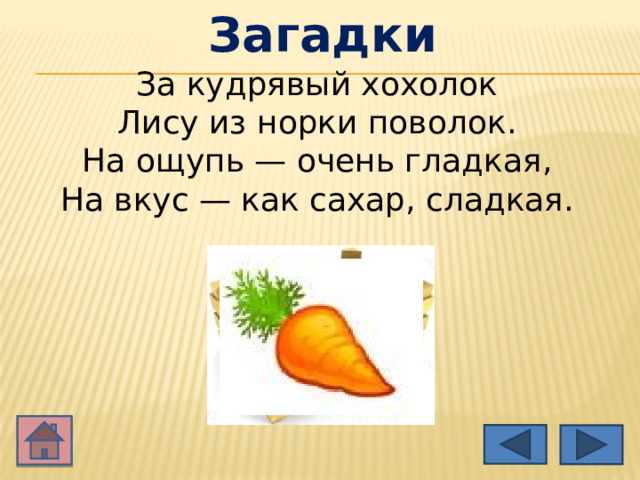 Загадки За кудрявый хохолок Лису из норки поволок. На ощупь — очень гладкая, На вкус — как сахар, сладкая. 