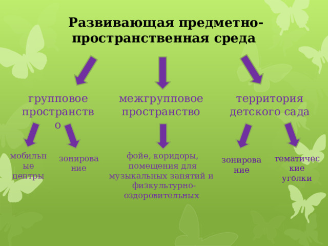 Развивающая предметно-пространственная среда                 межгрупповое пространство территория детского сада групповое пространство фойе, коридоры, помещения для музыкальных занятий и мобильные центры  физкультурно-оздоровительных тематические уголки зонирование зонирование 