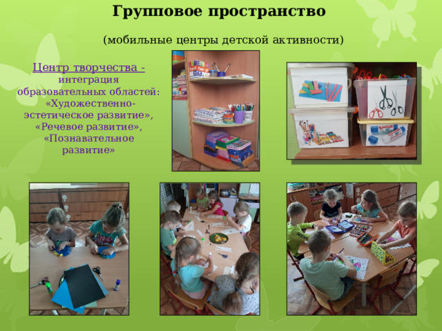 Групповое пространство   (мобильные центры детской активности) Центр творчества - интеграция образовательных областей:  «Художественно-  эстетическое развитие», «Речевое развитие», «Познавательное развитие» 