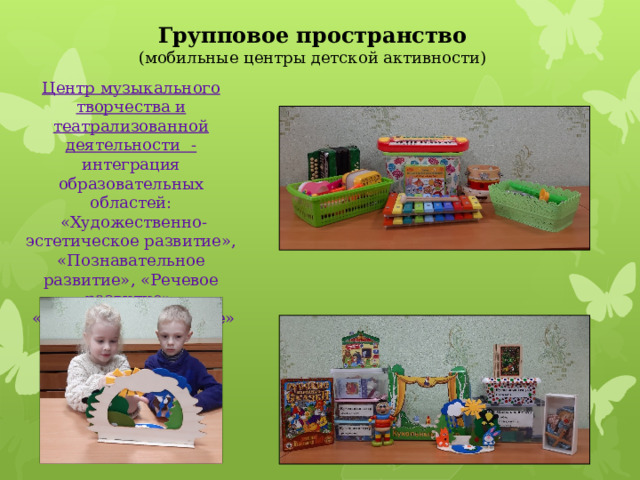 Групповое пространство  (мобильные центры детской активности) Центр музыкального творчества и театрализованной деятельности - интеграция образовательных областей:  «Художественно-эстетическое развитие», «Познавательное развитие», «Речевое развитие»,  «Физическое развитие» 