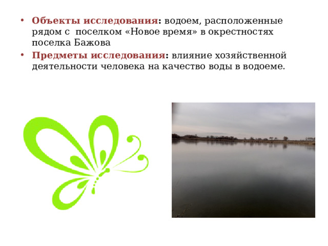 Объекты исследования : водоем, расположенные рядом с поселком «Новое время» в окрестностях поселка Бажова Предметы исследования : влияние хозяйственной деятельности человека на качество воды в водоеме. 