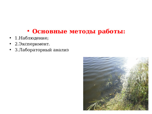 Основные методы работы: 1.Наблюдение; 2.Эксперимент. 3.Лабораторный анализ 