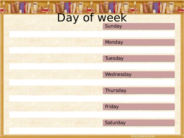 Day of week Sunday Monday Tuesday Wednesday Thursday Friday Saturday 