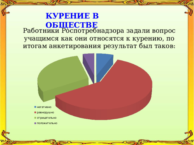 КУРЕНИЕ В ОБЩЕСТВЕ Работники Роспотребнадзора задали вопрос учащимся как они относятся к курению, по итогам анкетирования результат был таков: 