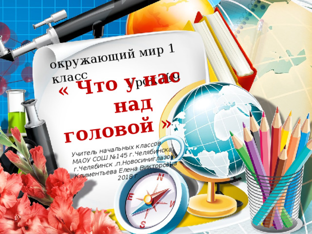 окружающий мир 1 класс  Урок №9 « Что у нас  над Учитель начальных классов головой » МАОУ СОШ №145 г.Челябинска г.Челябинск ,п.Новосиниглазово Климентьева Елена Викторовна  2018 г 