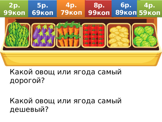 6р. 89коп 4р. 79коп 2р. 99коп 5р. 69коп 8р. 99коп 4р. 59коп Какой овощ или ягода самый дорогой? Какой овощ или ягода самый дешевый? 