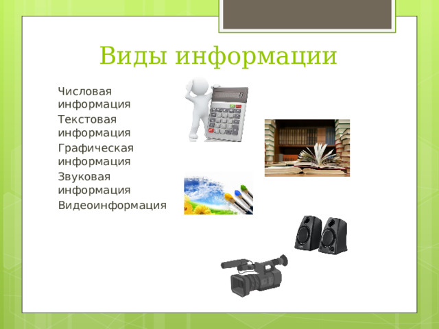 Виды информации Числовая  информация Текстовая  информация Графическая  информация Звуковая  информация Видеоинформация 